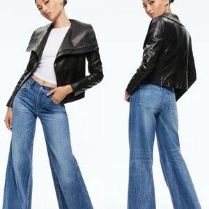 Alice & Olivia Nita Goat Leather Draped Front Jacket Black Zip cropped length